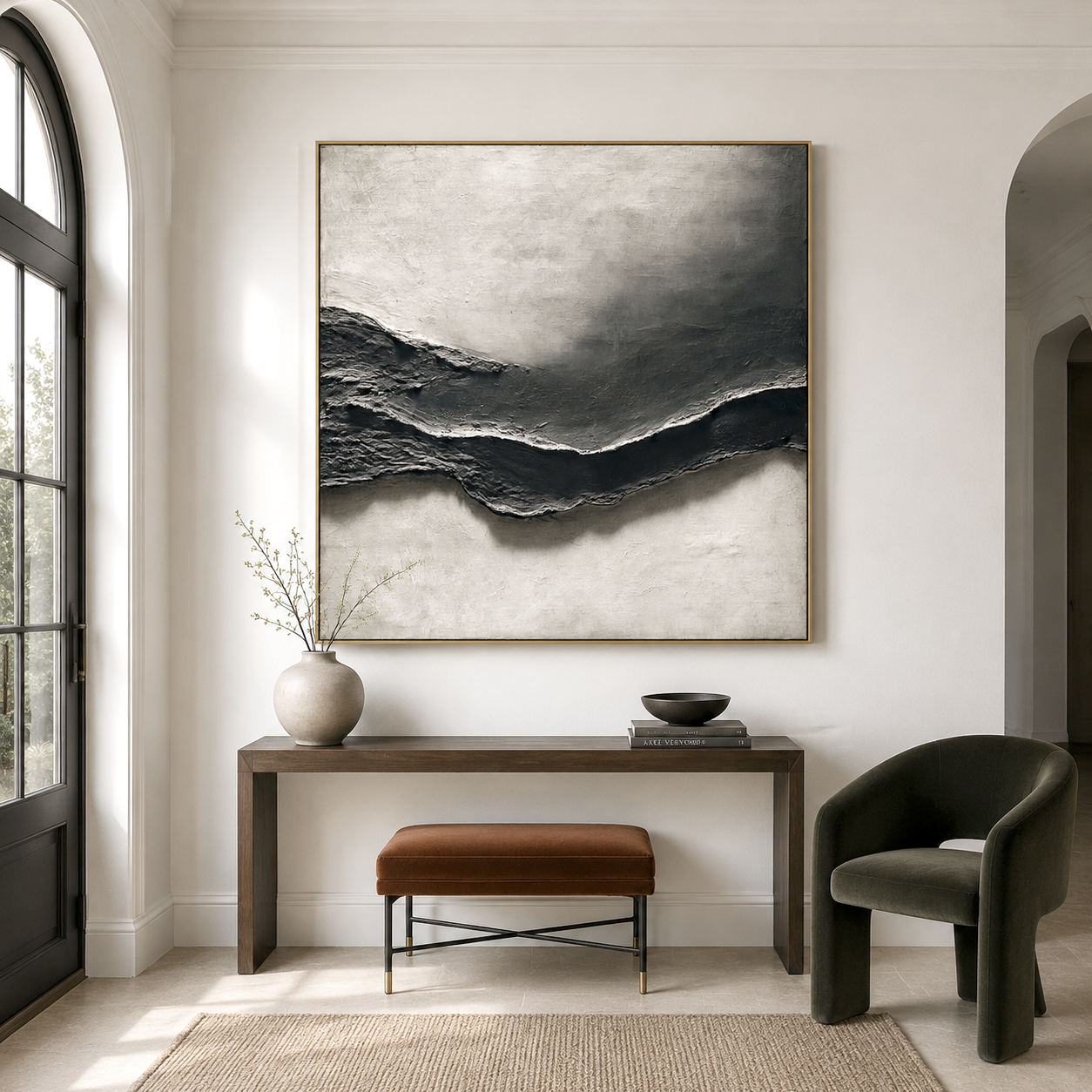 Hand-painted black and white textured abstract wall art with 3D layers