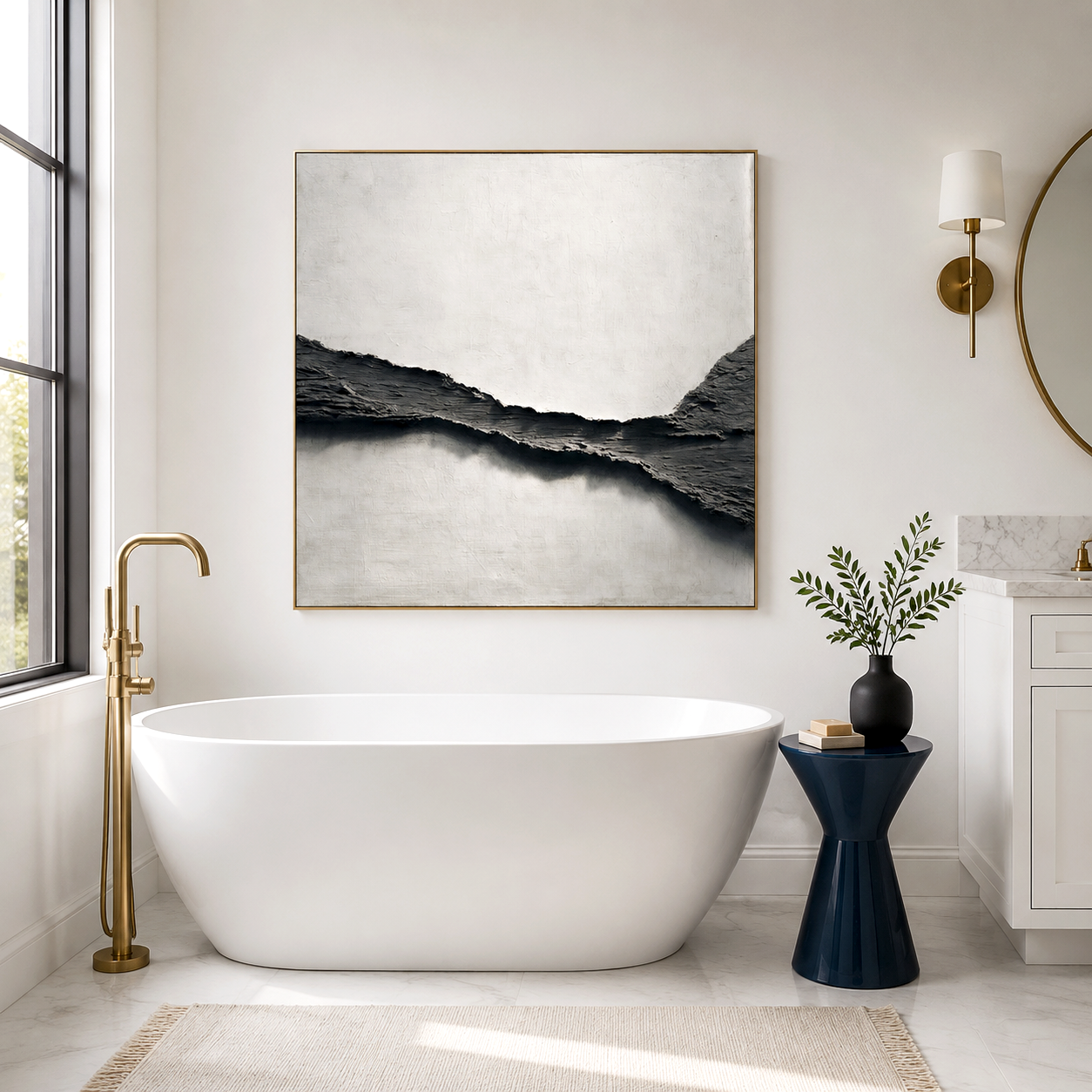 Black and white abstract textured wall art with 3D impasto effect