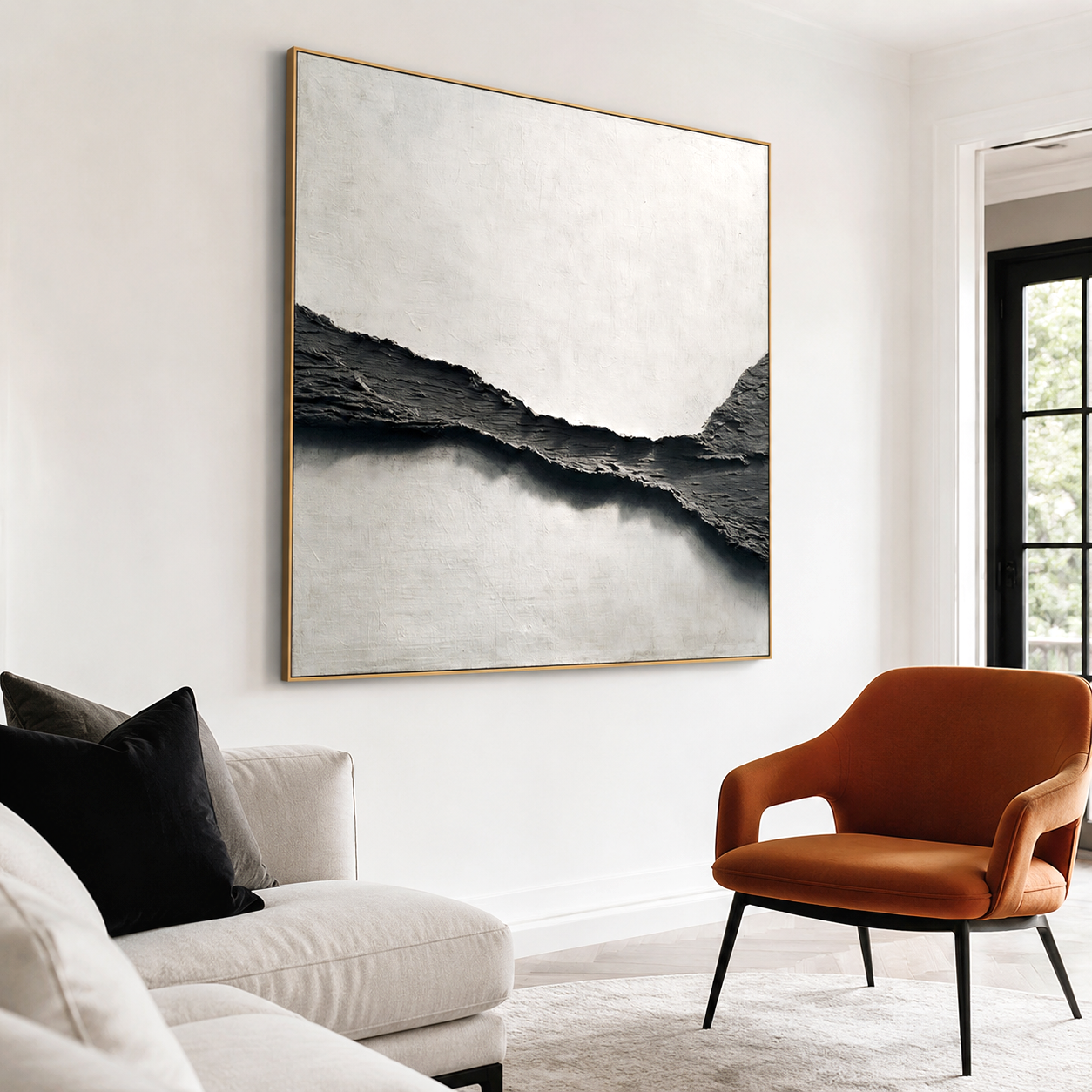 Black and white abstract textured wall art with 3D impasto effect