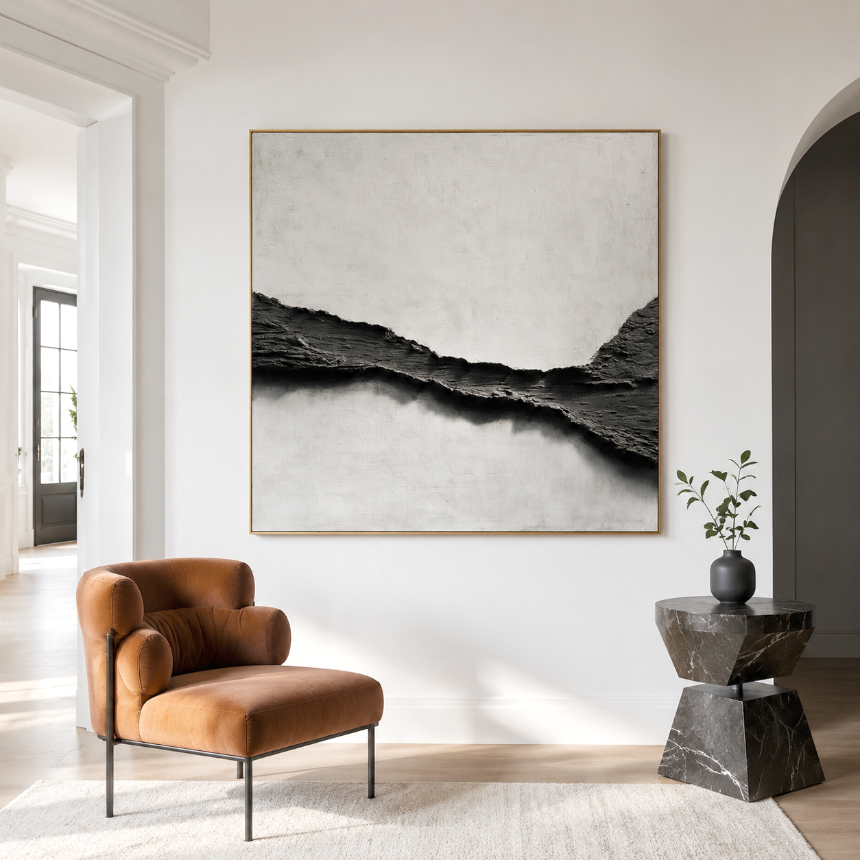 Black and white abstract textured wall art with 3D impasto effect