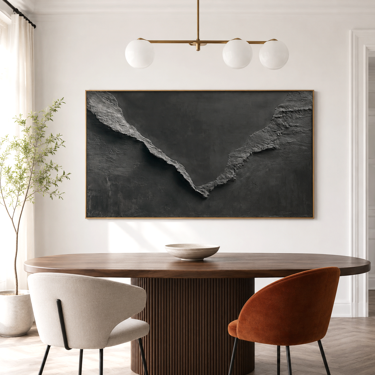 Black and gray textured abstract landscape painting for modern home décor