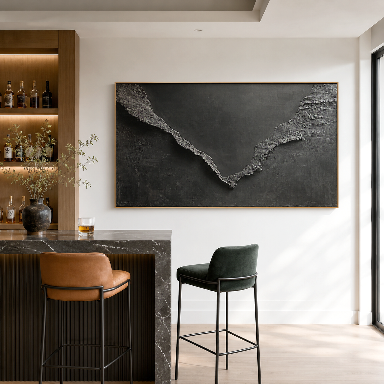 Black and gray textured abstract landscape painting for modern home décor
