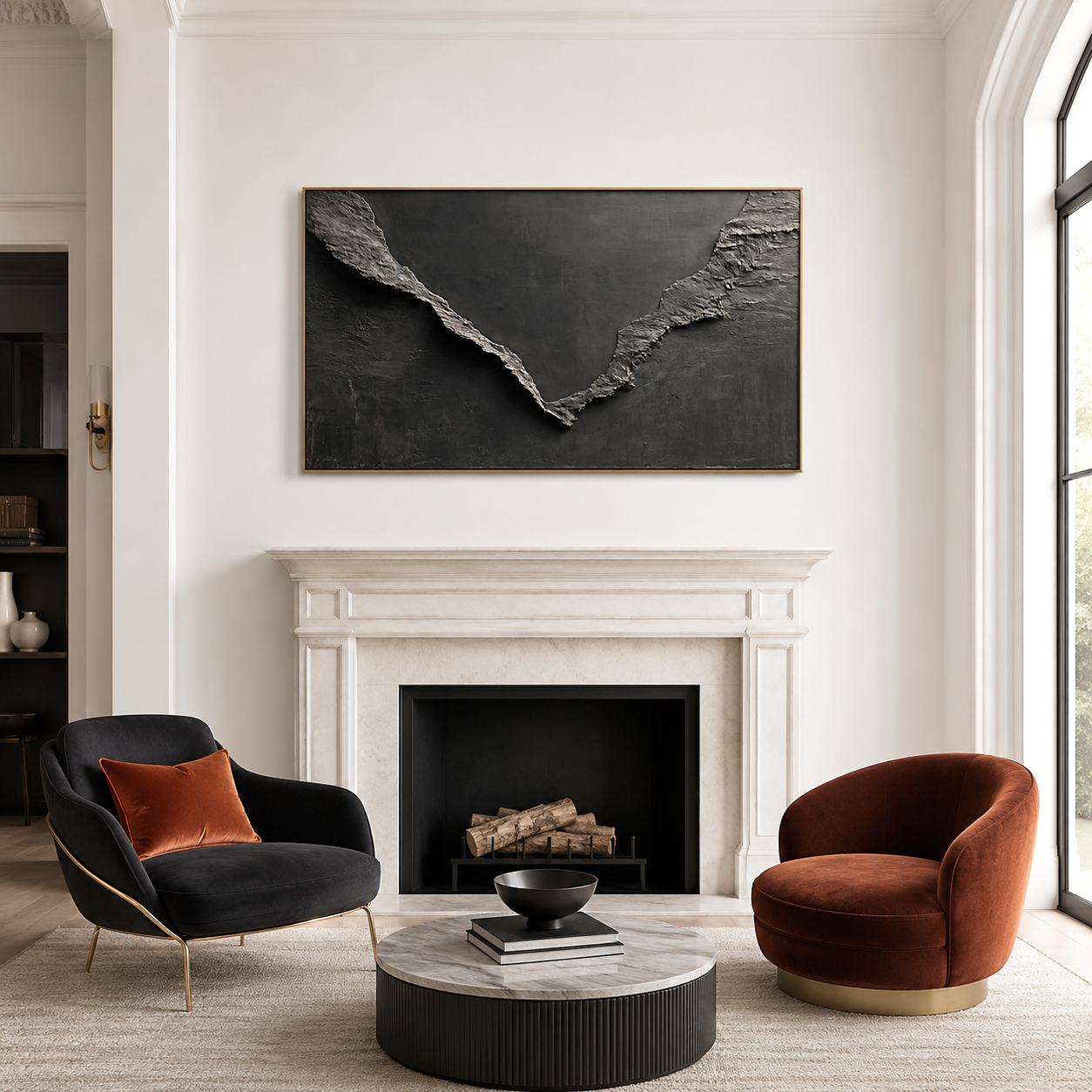Black and gray textured abstract landscape painting for modern home décor