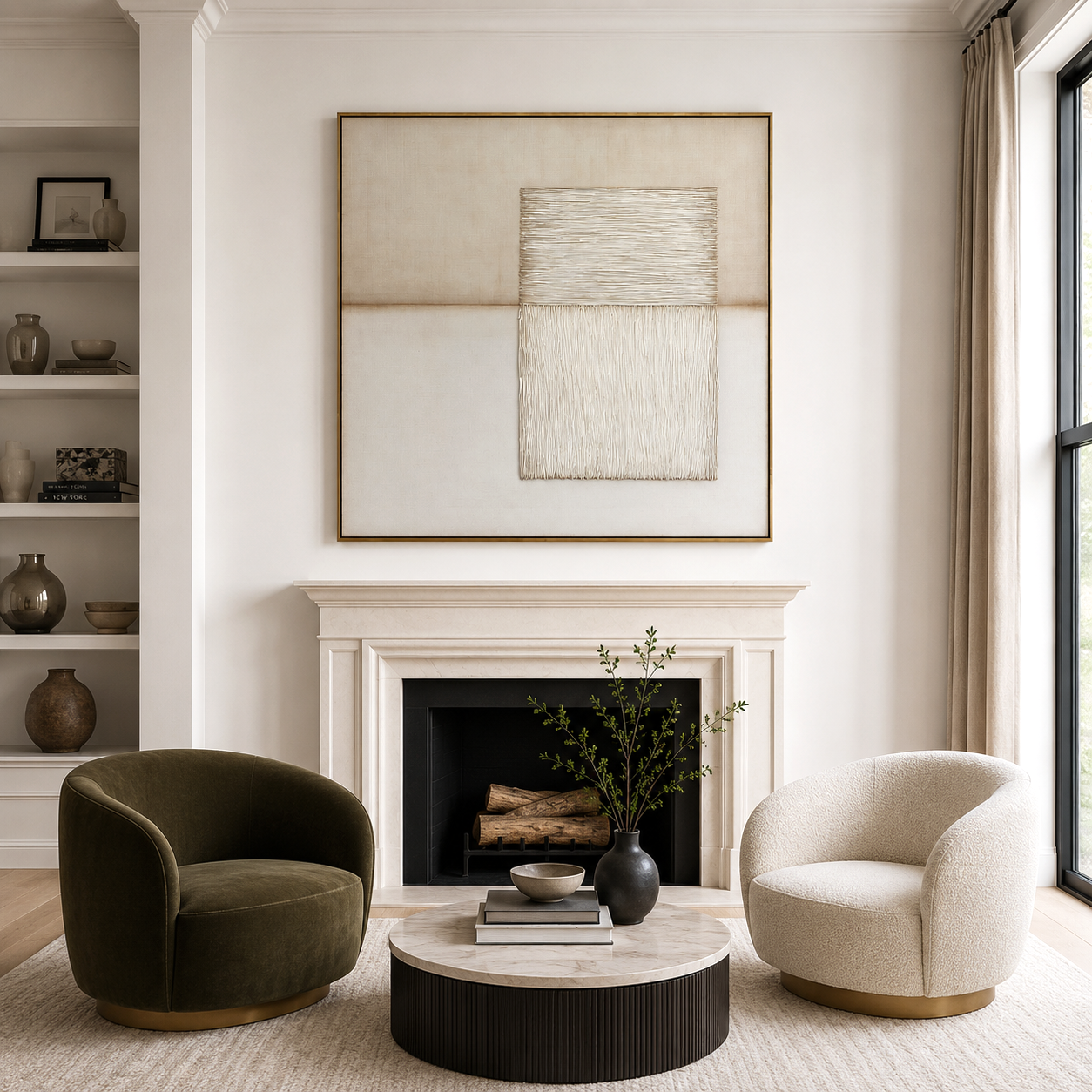 Minimalist abstract textured painting in neutral tones with layered canvas detail