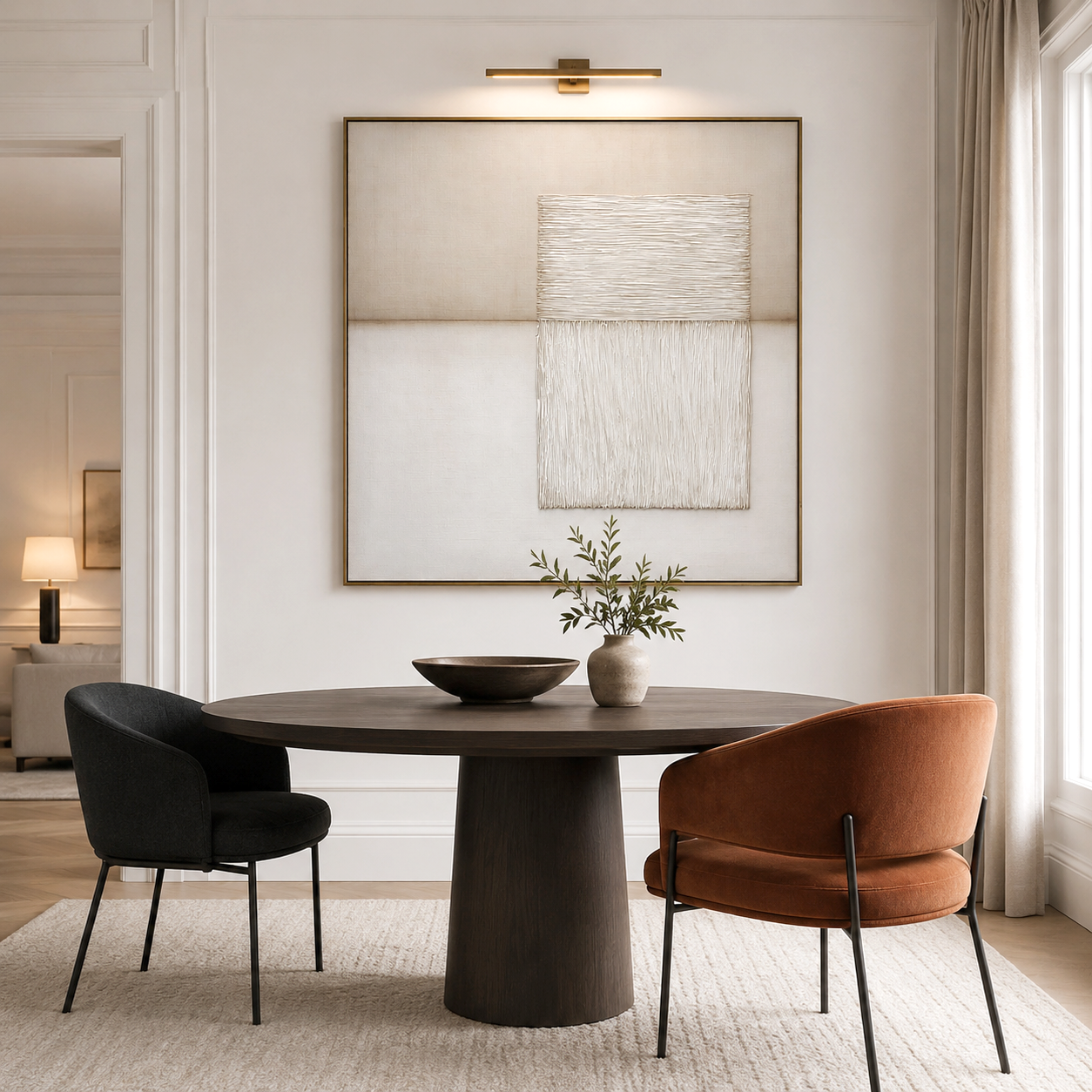 Minimalist abstract textured painting in neutral tones with layered canvas detail
