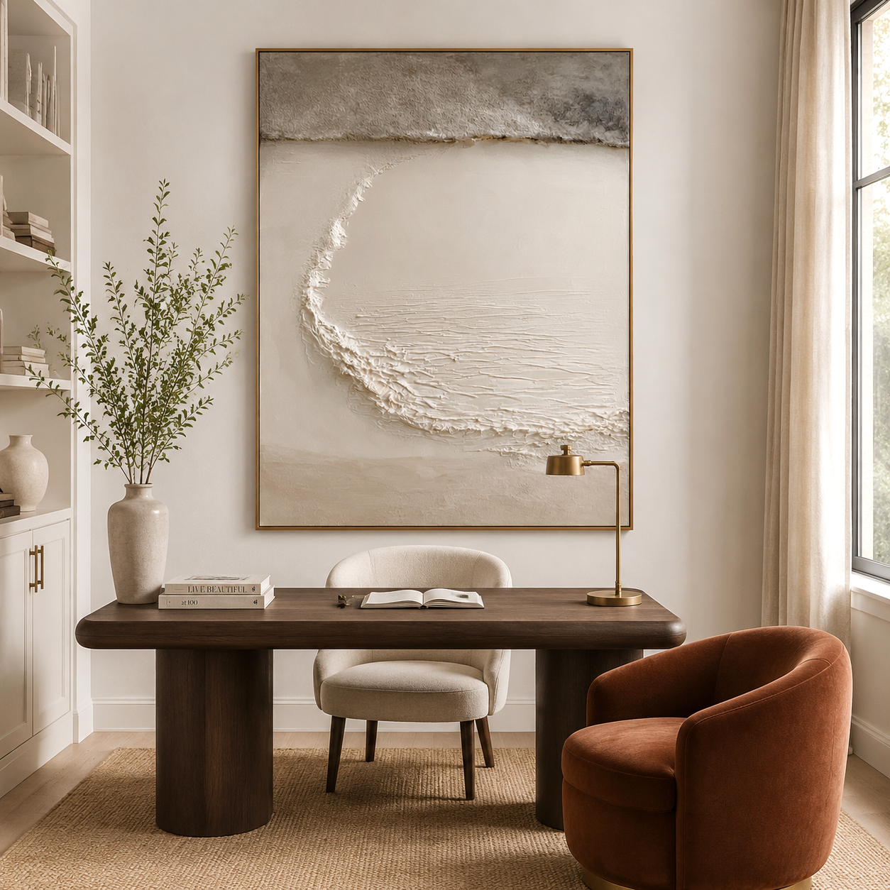 Minimalist abstract landscape painting with textured neutral tones