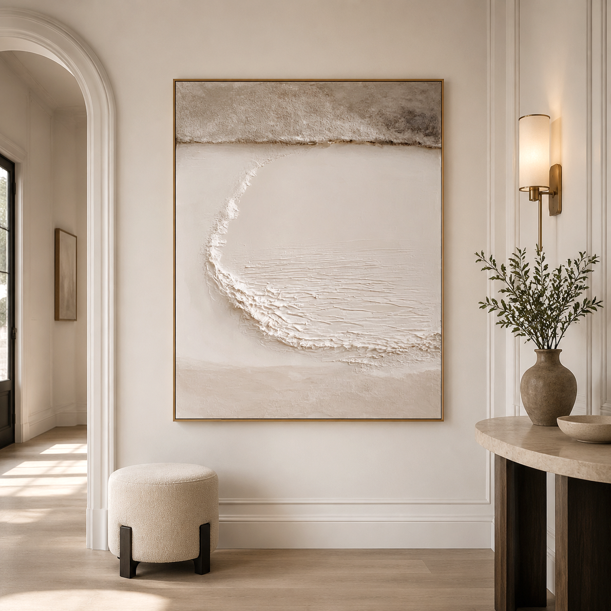 Minimalist abstract landscape painting with textured neutral tones