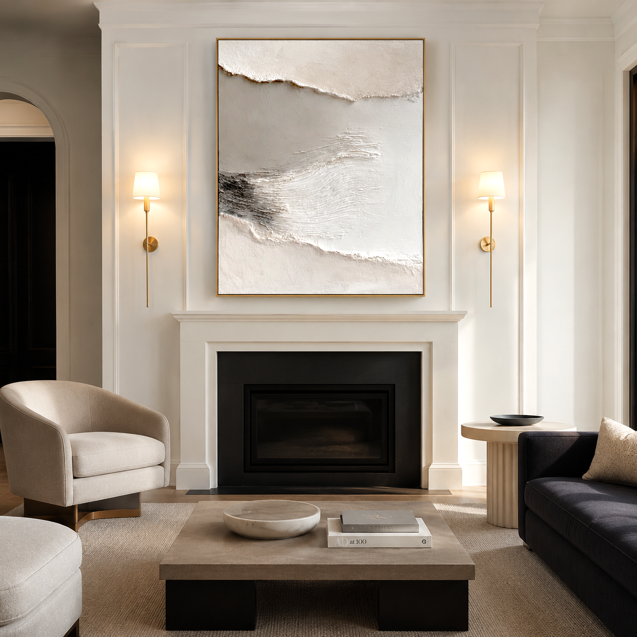 Minimalist abstract textured oil painting with neutral tones and layered 3D texture