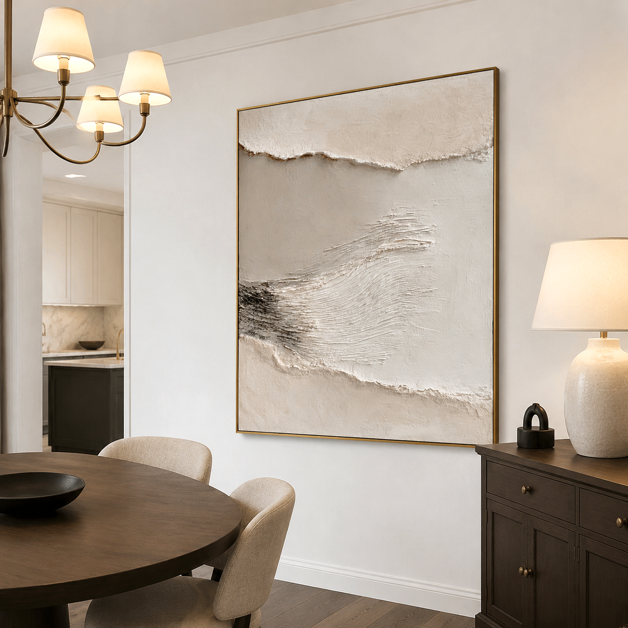 Minimalist abstract textured oil painting with neutral tones and layered 3D texture