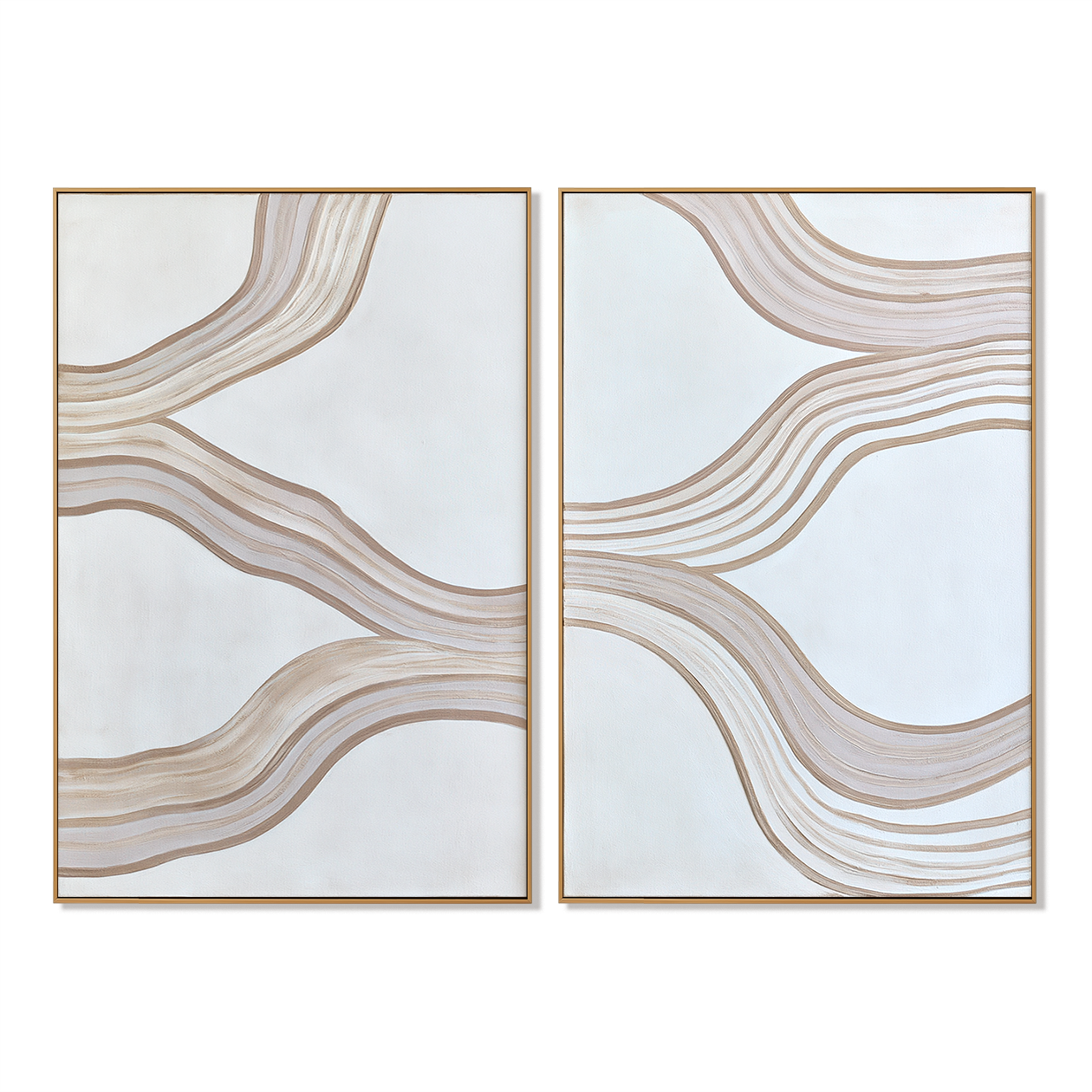 Minimalist abstract painting with beige, taupe, and cream flowing textured lines