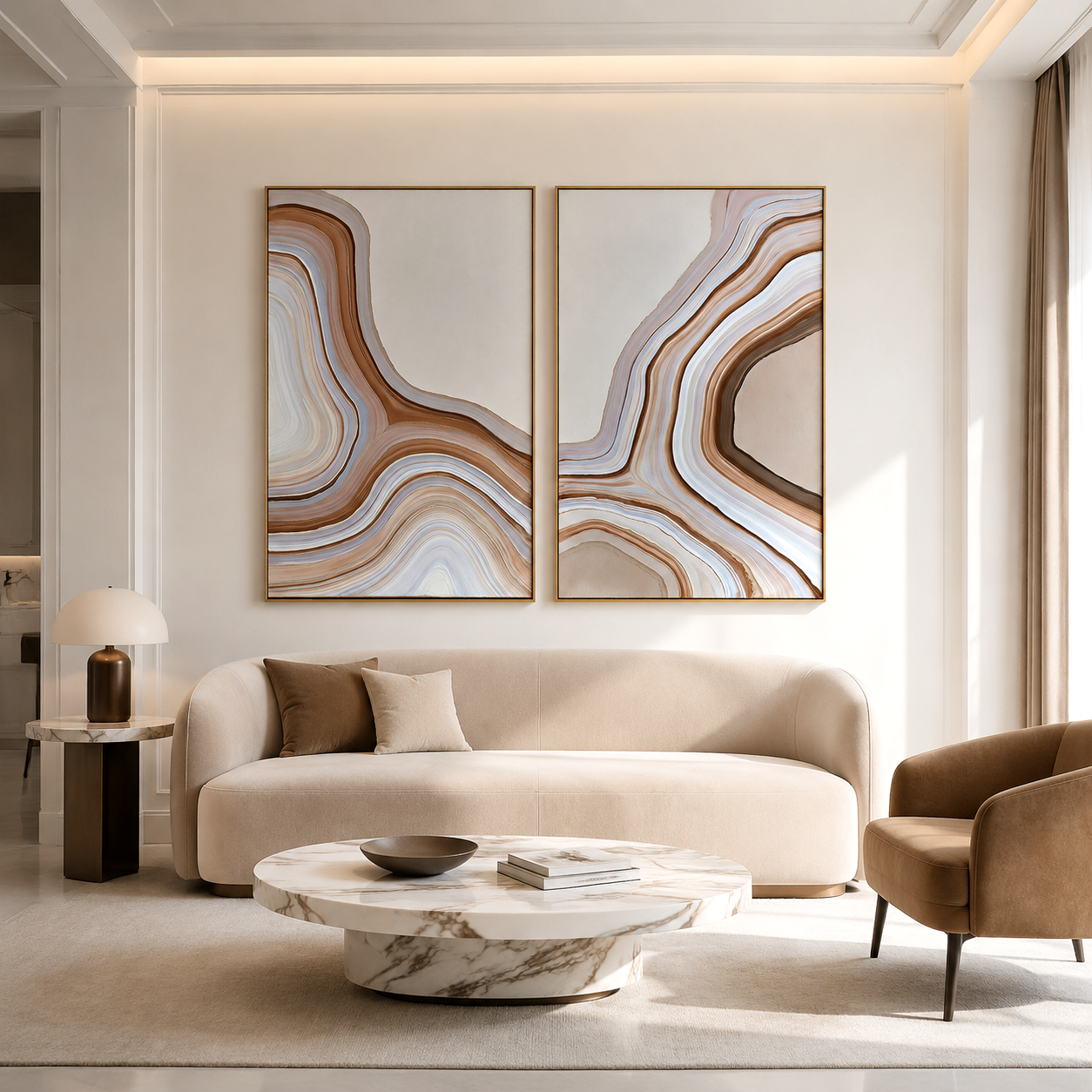 Earthy Flow minimalist abstract diptych wall art in beige and brown tones