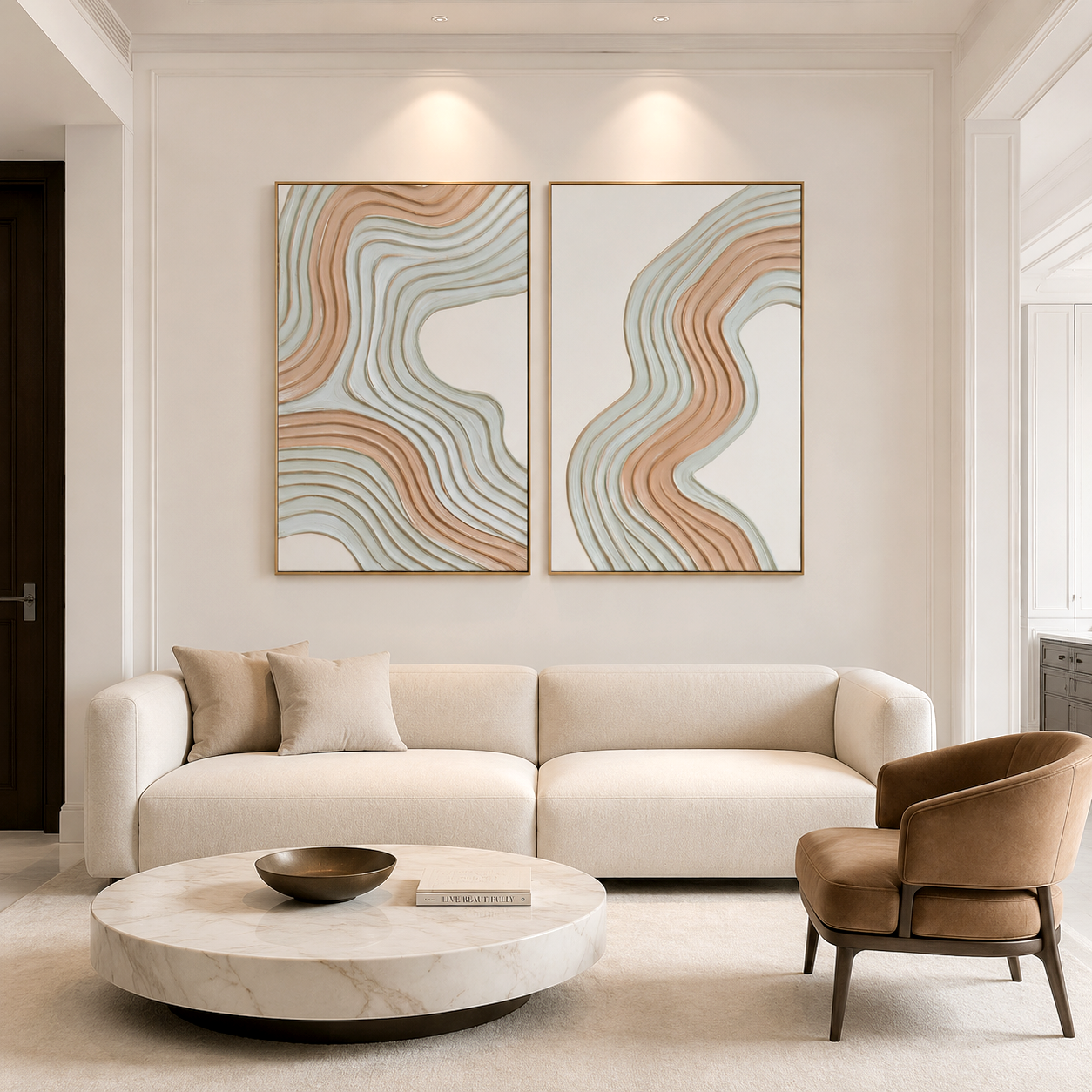 Hand-painted minimalist abstract wall art with flowing beige, cream, and white lines