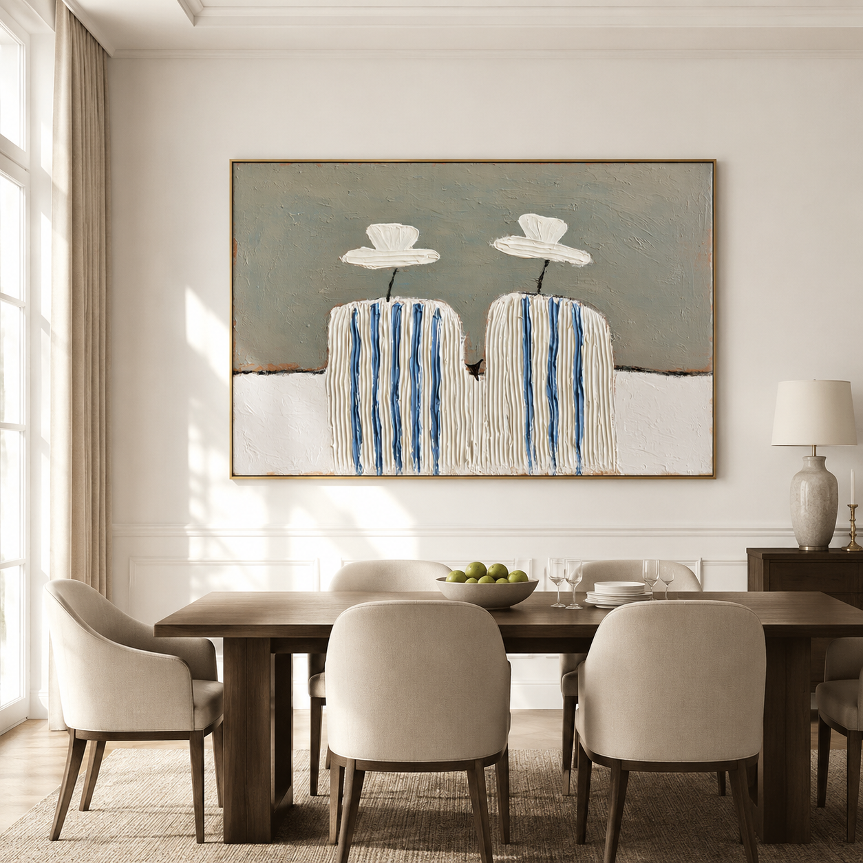 Hand-painted textured cactus wall art with cream and blue stripes