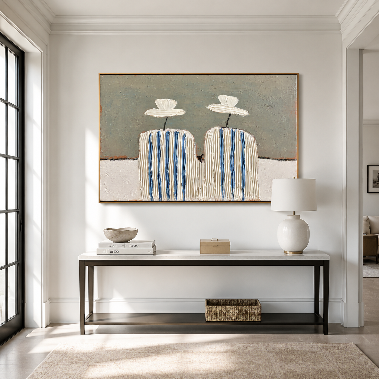Hand-painted textured cactus wall art with cream and blue stripes