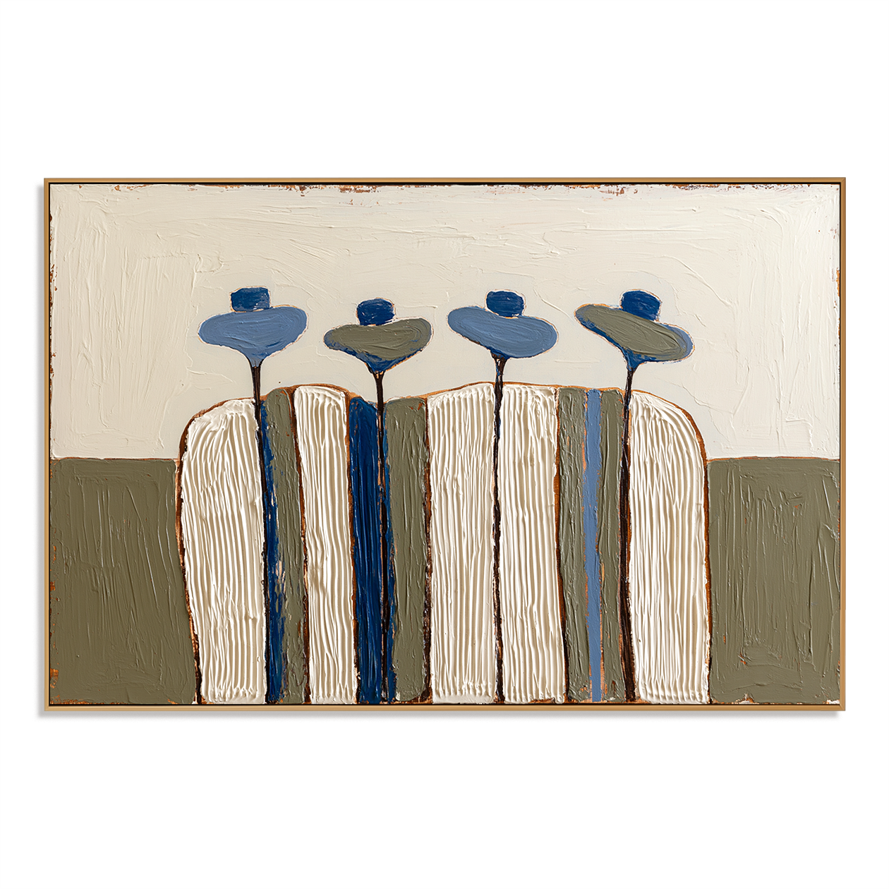 Hand-painted textured cactus wall art with four stylized cacti in cream, blue, and green