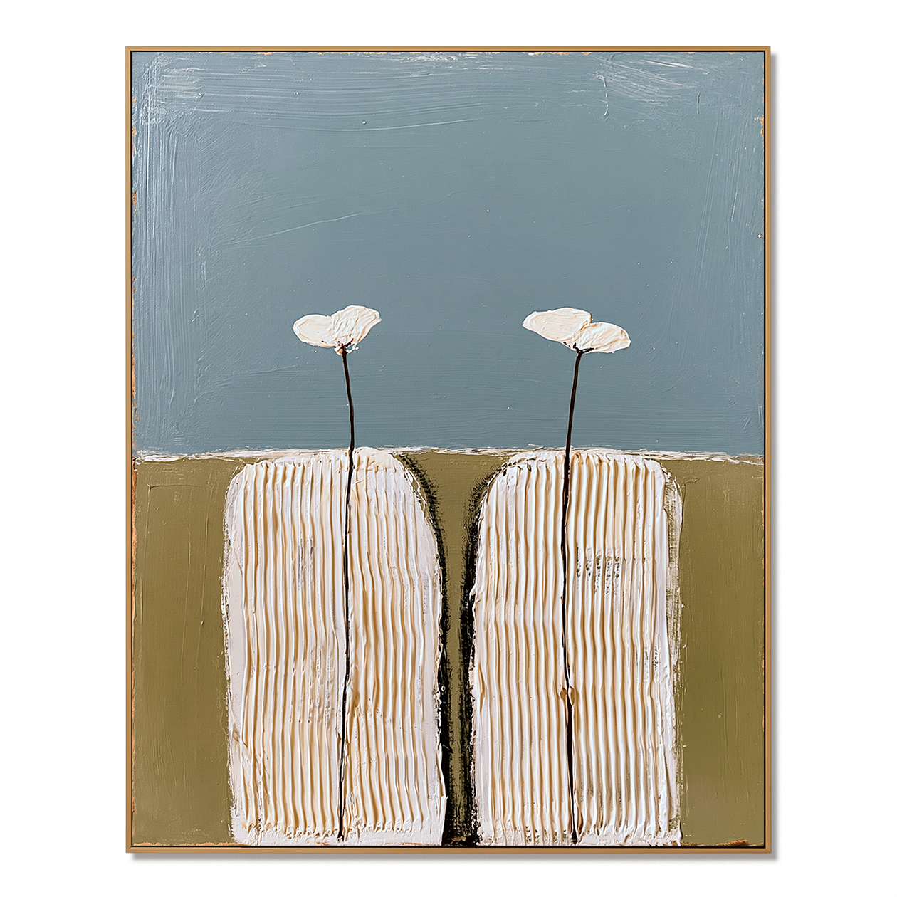 Hand-painted textured cactus wall art with two stylized cream cacti topped with white flowers