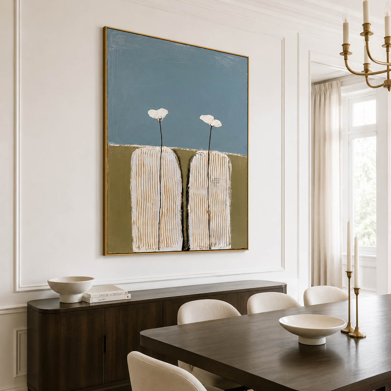Hand-painted textured cactus wall art with two stylized cream cacti topped with white flowers