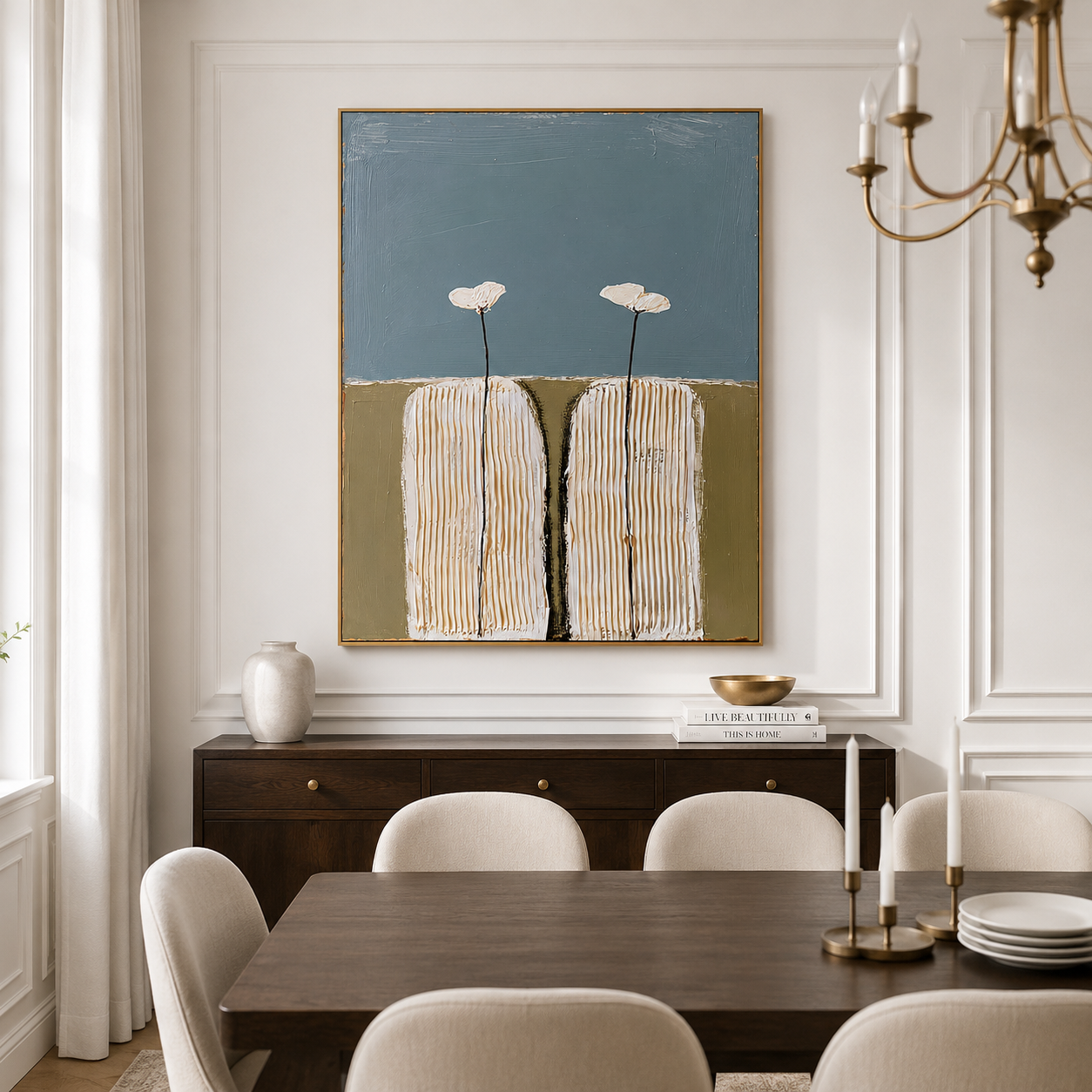 Hand-painted textured cactus wall art with two stylized cream cacti topped with white flowers