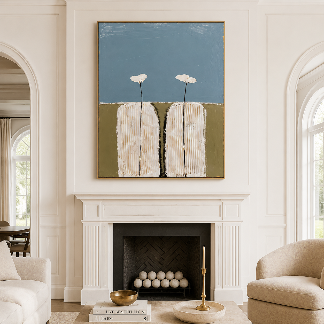 Hand-painted textured cactus wall art with two stylized cream cacti topped with white flowers