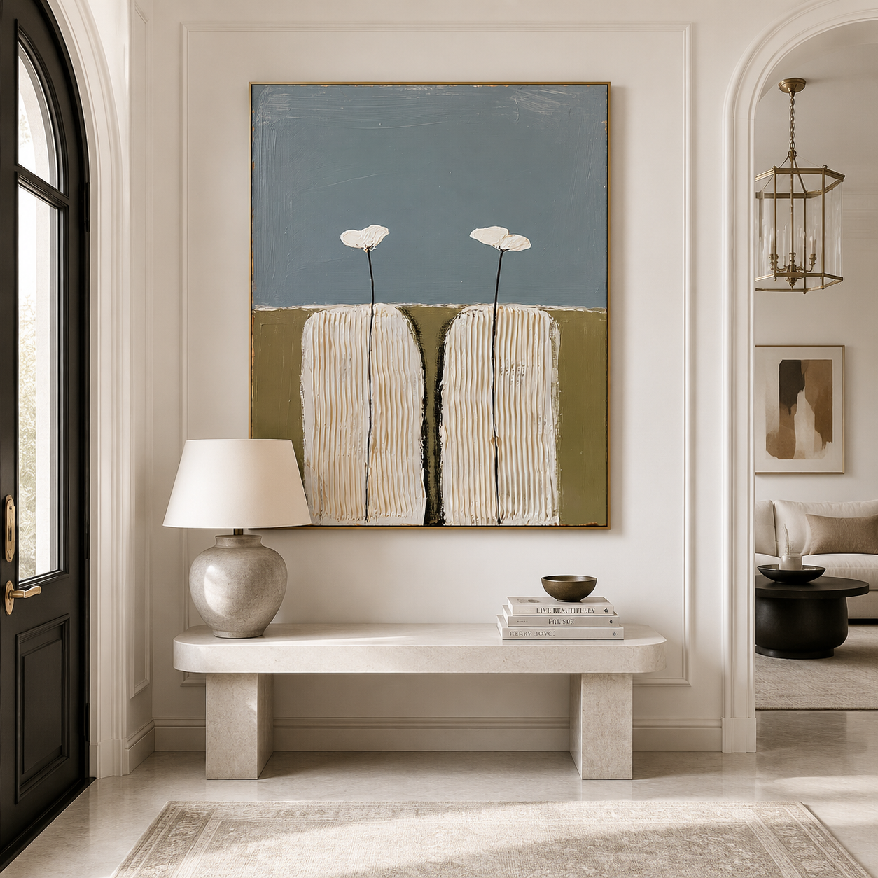 Hand-painted textured cactus wall art with two stylized cream cacti topped with white flowers