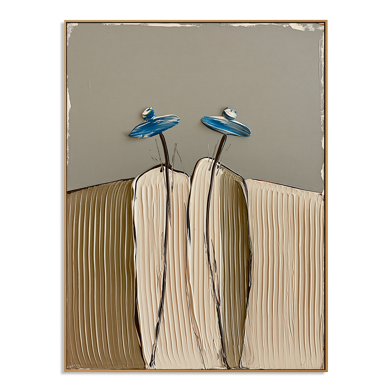 Hand-painted textured cactus wall art with two cream cacti topped with blue flowers