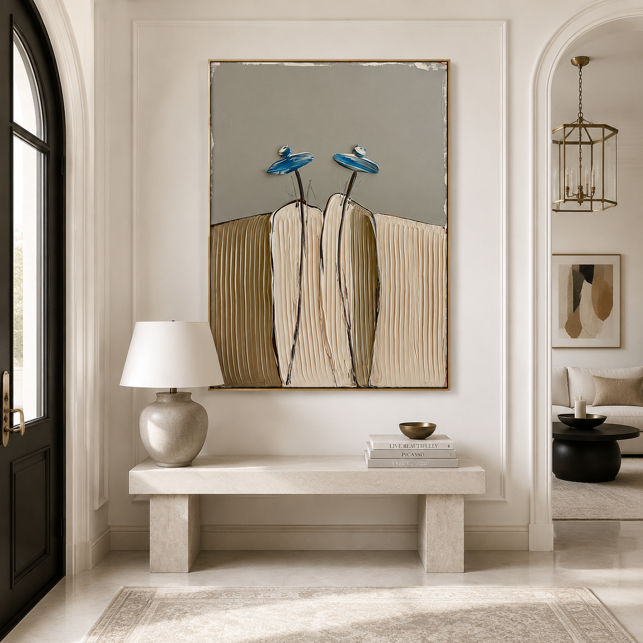 Hand-painted textured cactus wall art with two cream cacti topped with blue flowers