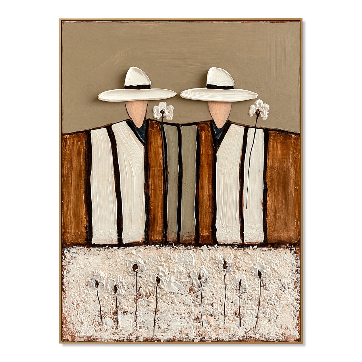 Hand-painted textured couple in hats with white flowers, minimalist wall art