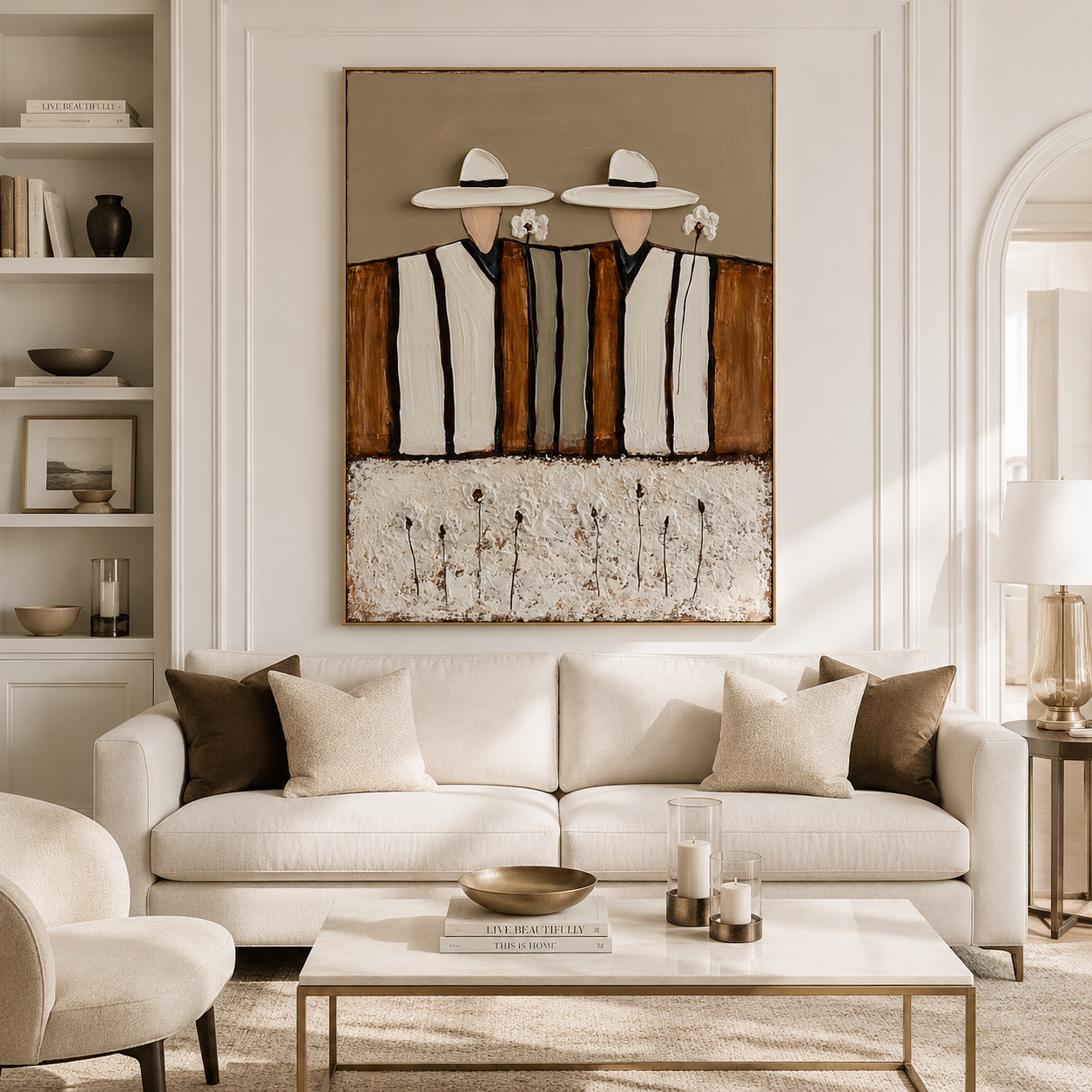 Hand-painted textured couple in hats with white flowers, minimalist wall art