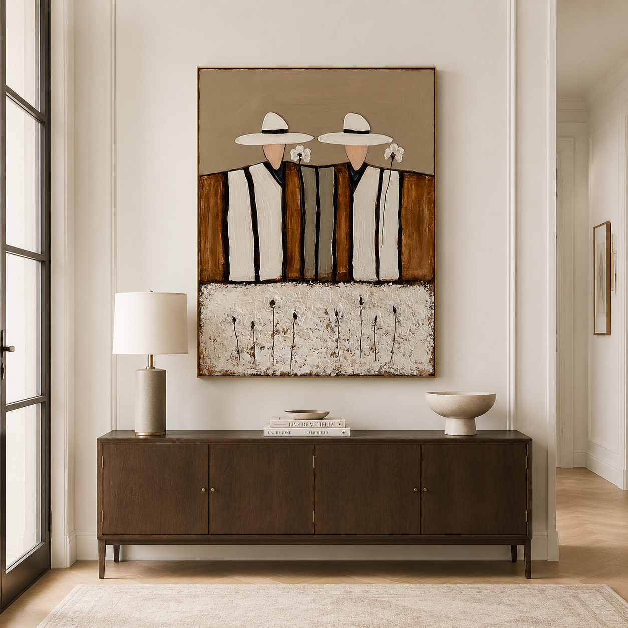 Hand-painted textured couple in hats with white flowers, minimalist wall art