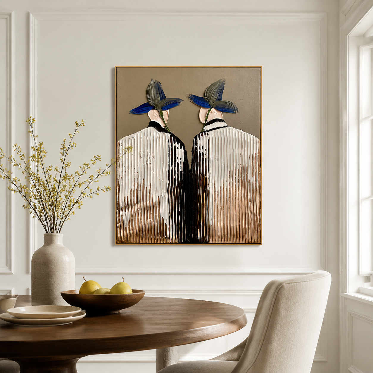 Hand-painted textured couple in hats with blue and green flowers, modern wall art