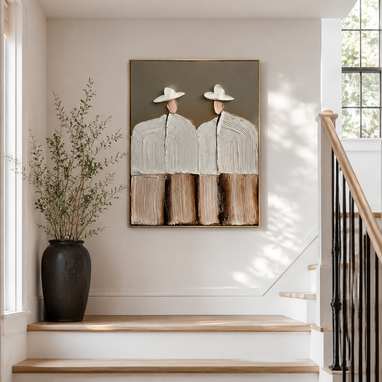 Hand-painted textured couple in hats with white flowers, modern wall art