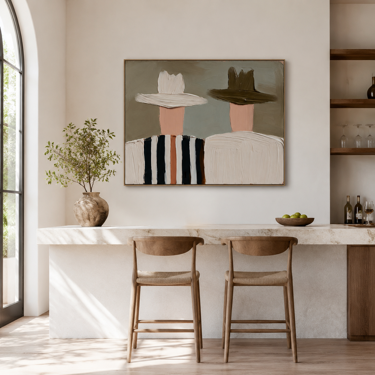 Hand-painted textured couple with hats, minimalist modern wall art