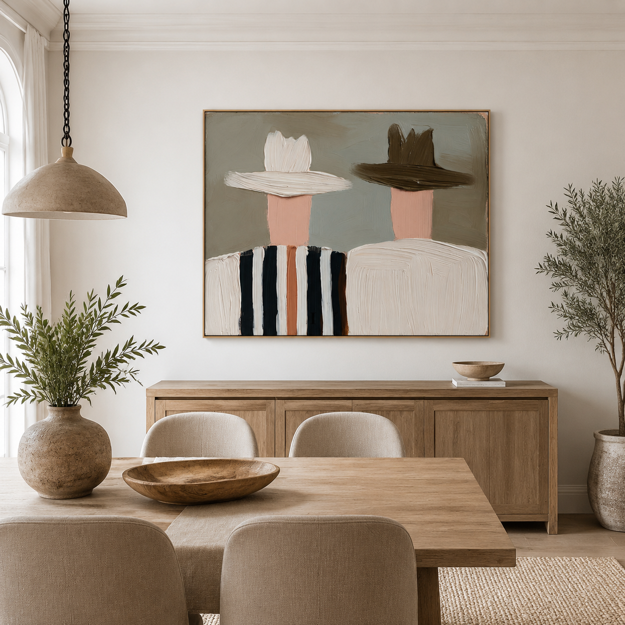 Hand-painted textured couple with hats, minimalist modern wall art