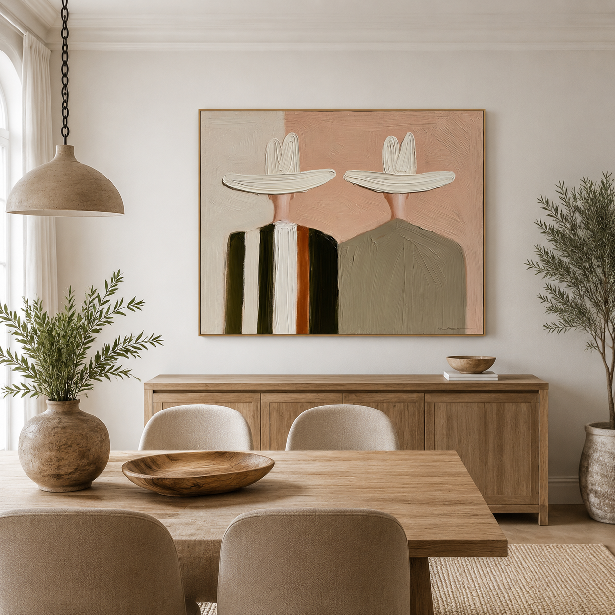 Hand-painted textured couple with hats, minimalist modern wall art