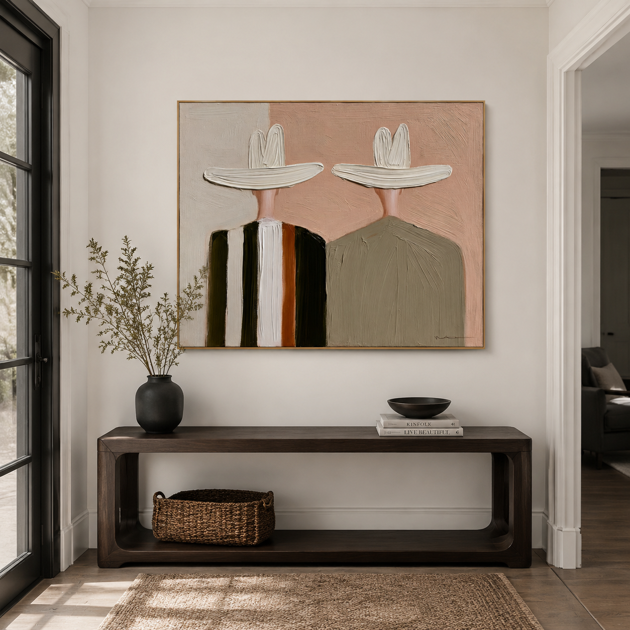 Hand-painted textured couple with hats, minimalist modern wall art