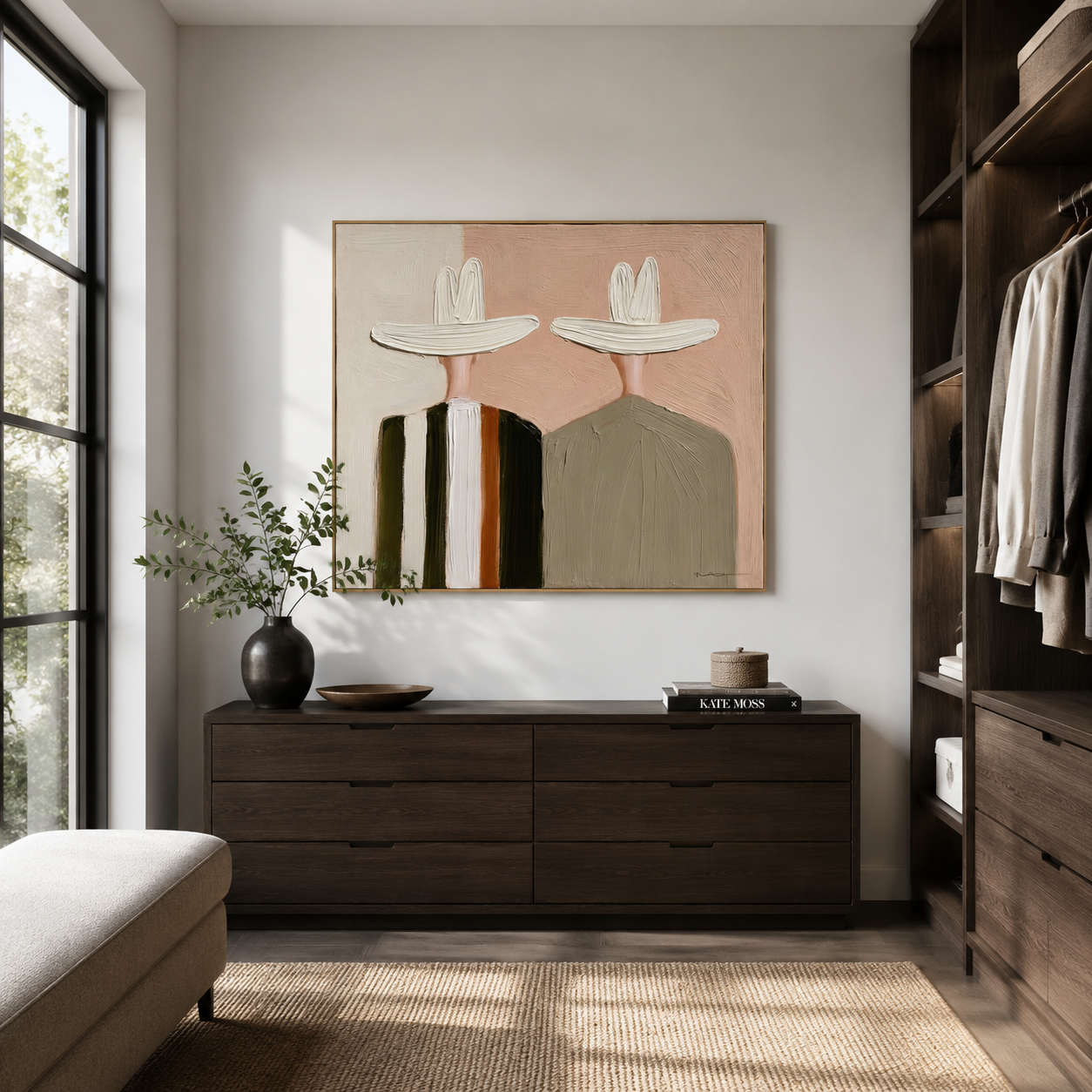 Hand-painted textured couple with hats, minimalist modern wall art