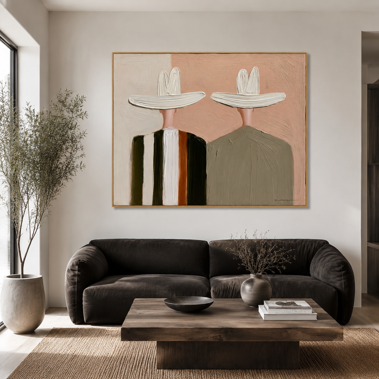 Hand-painted textured couple with hats, minimalist modern wall art