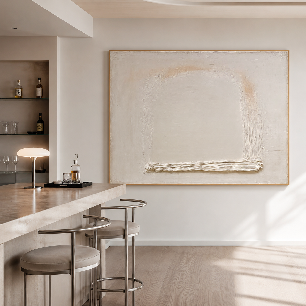 Minimalist textured abstract wall art with cream beige background, soft arch shape, and raised white horizontal texture