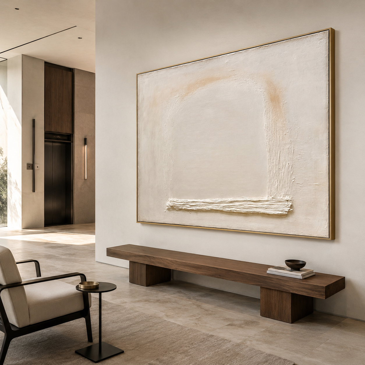 Minimalist textured abstract wall art with cream beige background, soft arch shape, and raised white horizontal texture