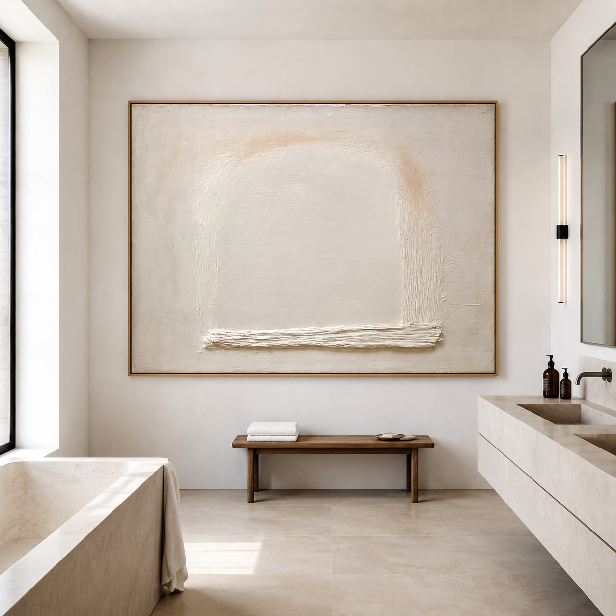 Minimalist textured abstract wall art with cream beige background, soft arch shape, and raised white horizontal texture