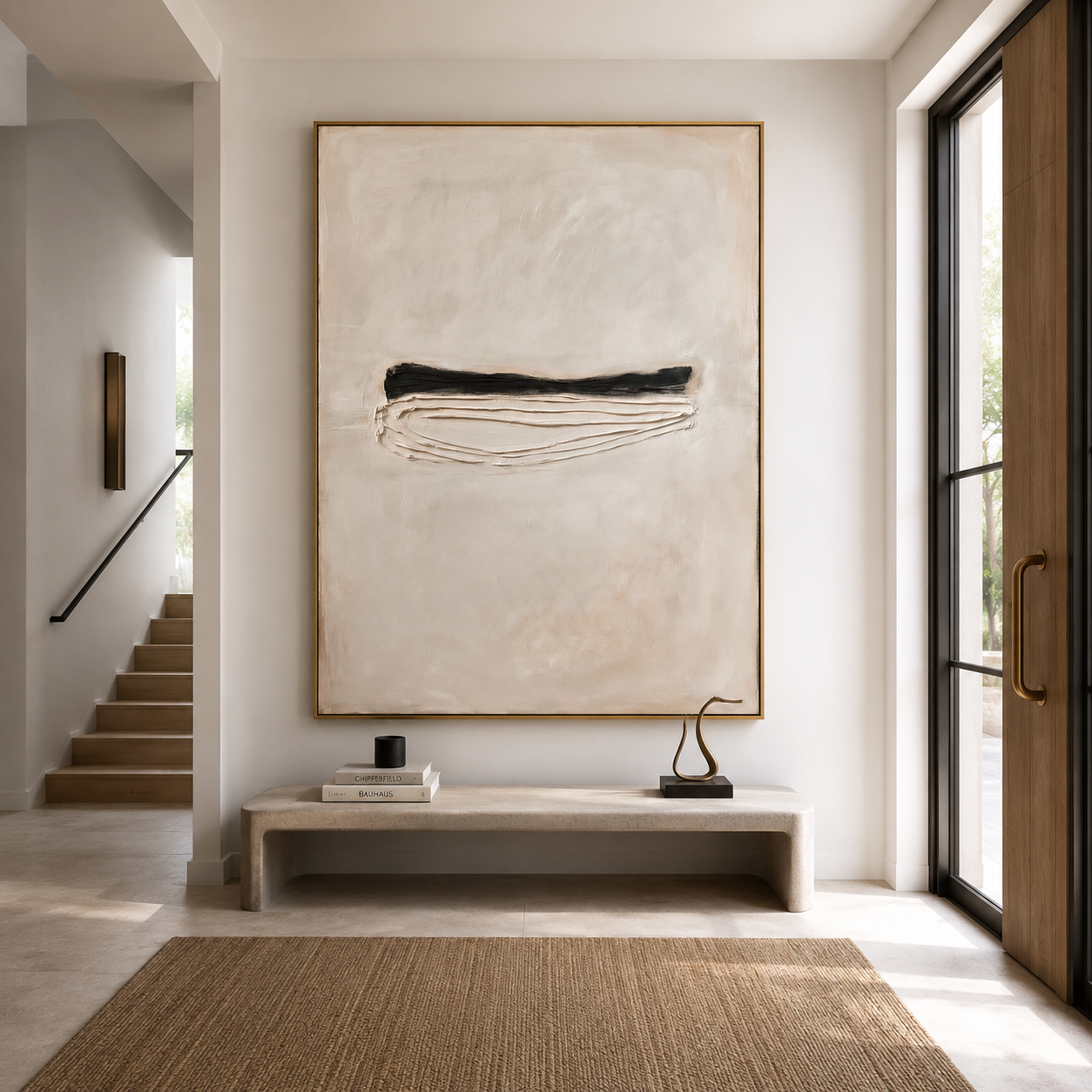 Minimalist textured abstract wall art with black horizontal line and raised white curved texture on beige background