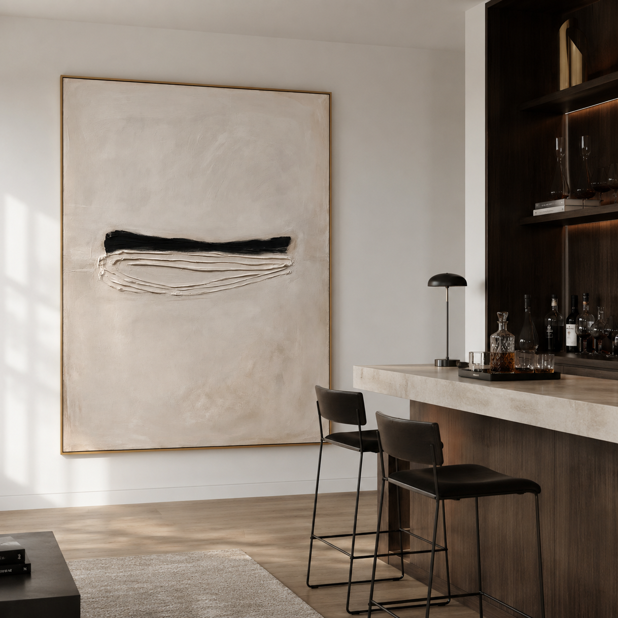 Minimalist textured abstract wall art with black horizontal line and raised white curved texture on beige background
