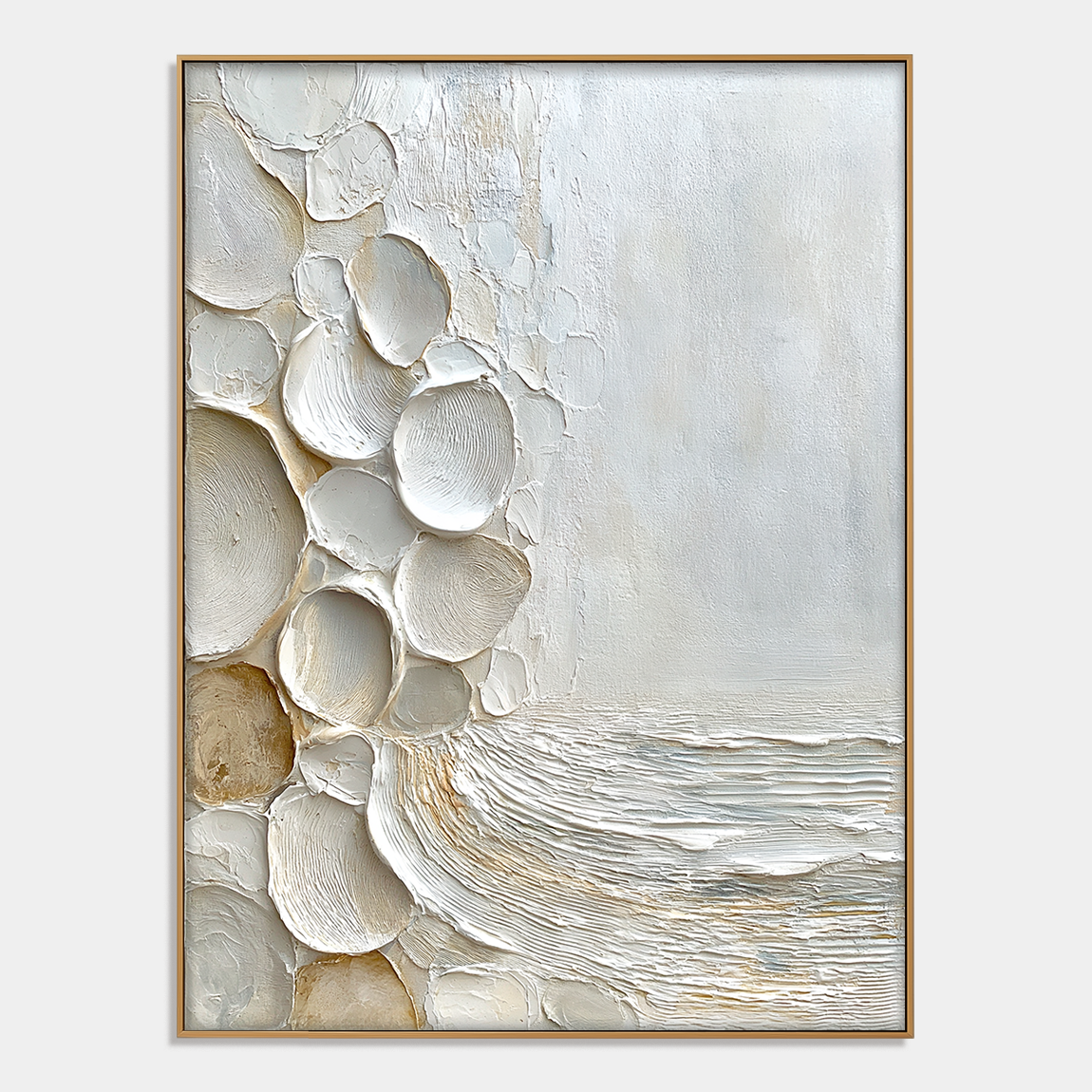 Coastal textured abstract wall art with raised shell shapes in white cream beige and soft gray tones