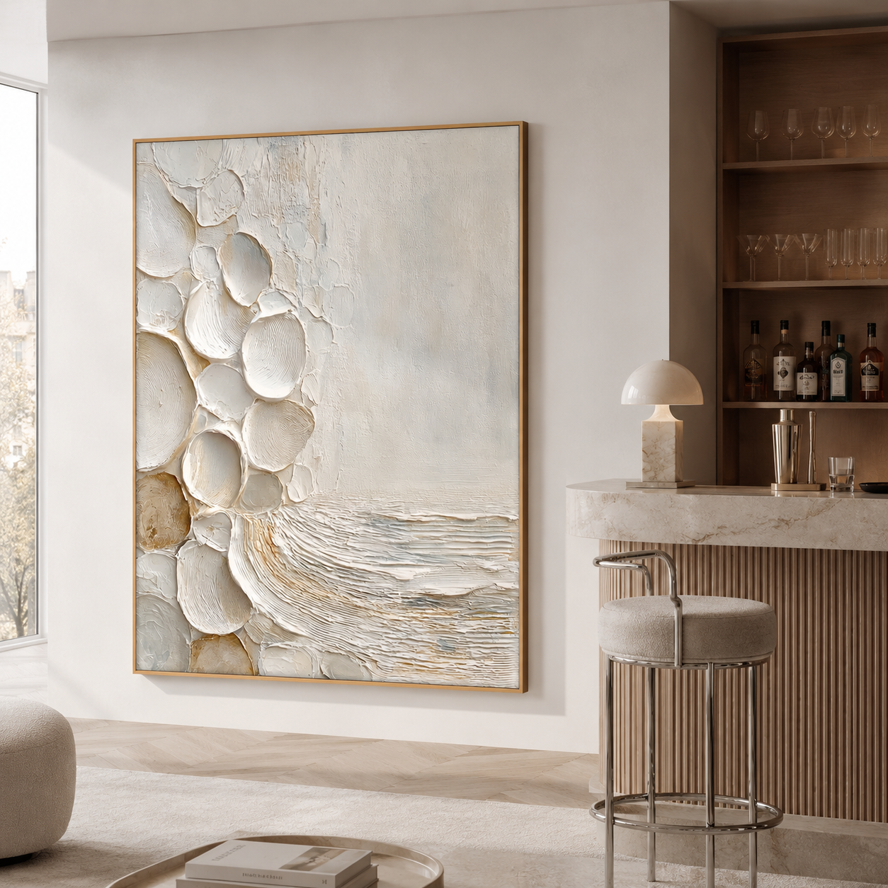 Coastal textured abstract wall art with raised shell shapes in white cream beige and soft gray tones