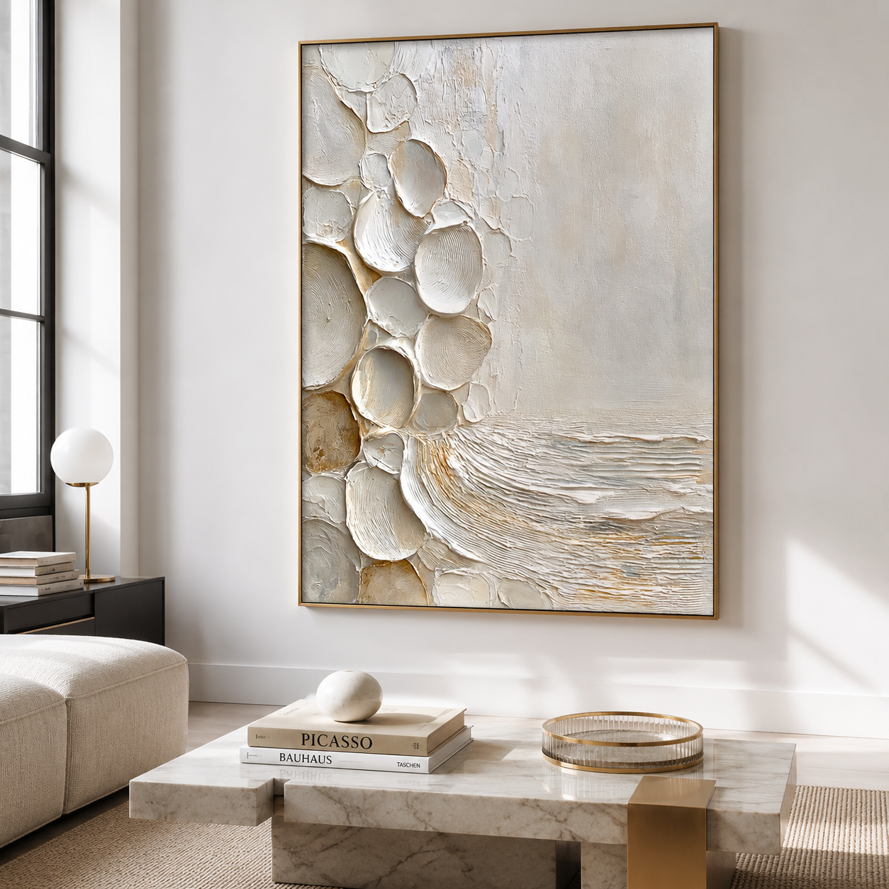 Coastal textured abstract wall art with raised shell shapes in white cream beige and soft gray tones
