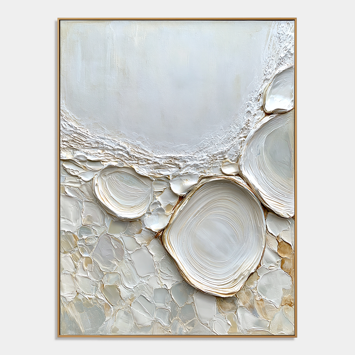 Neutral textured abstract wall art with raised pebble shapes in white cream beige and soft gold tones