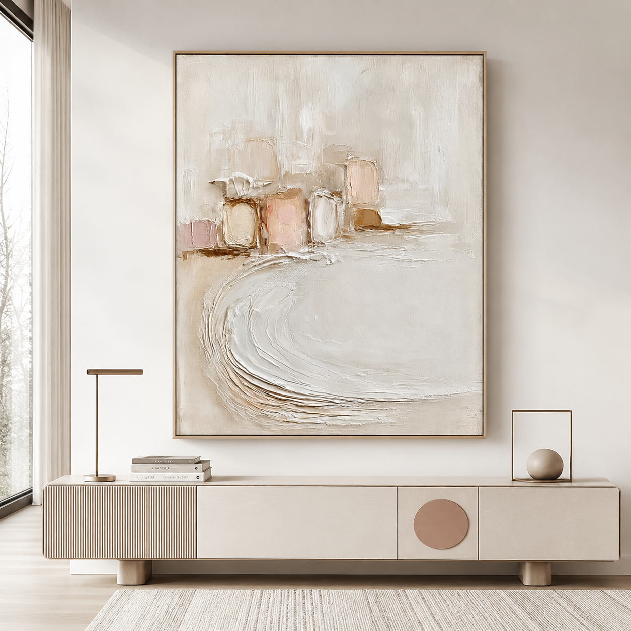 Neutral textured abstract wall art with cream beige soft pink blocks and raised curved brush texture