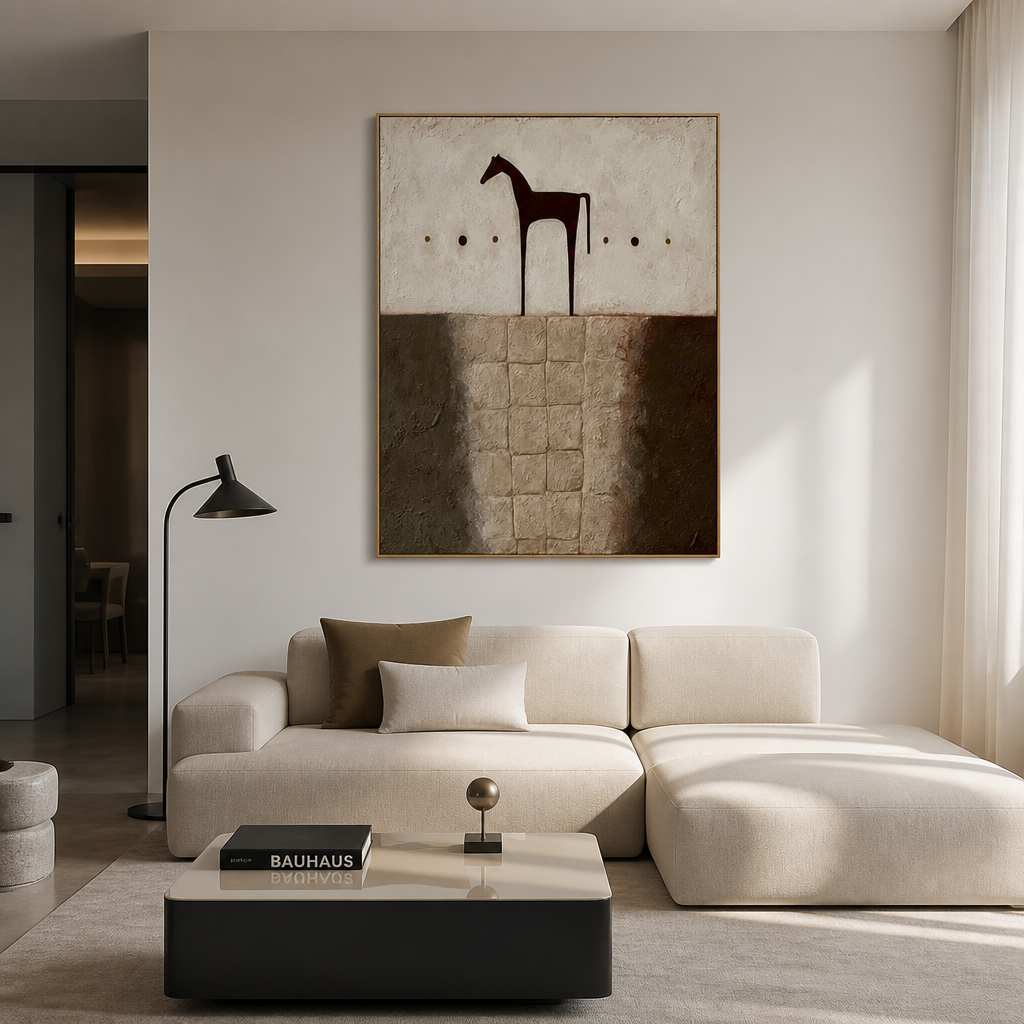 Textured abstract horse wall art with rustic neutral tones, dark horse silhouette, and earthy beige brown background