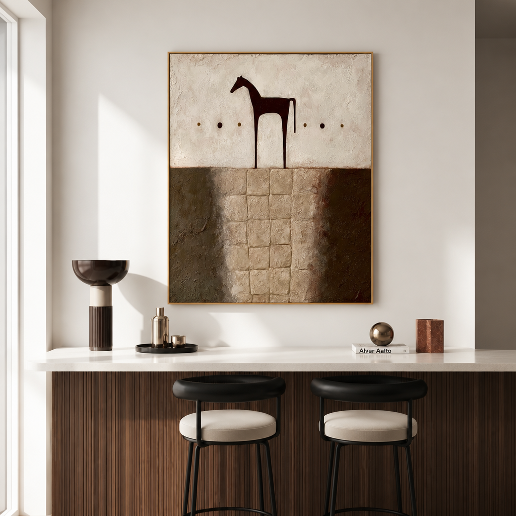 Textured abstract horse wall art with rustic neutral tones, dark horse silhouette, and earthy beige brown background