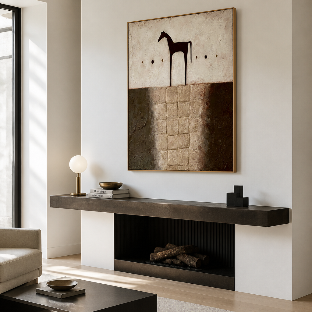 Textured abstract horse wall art with rustic neutral tones, dark horse silhouette, and earthy beige brown background
